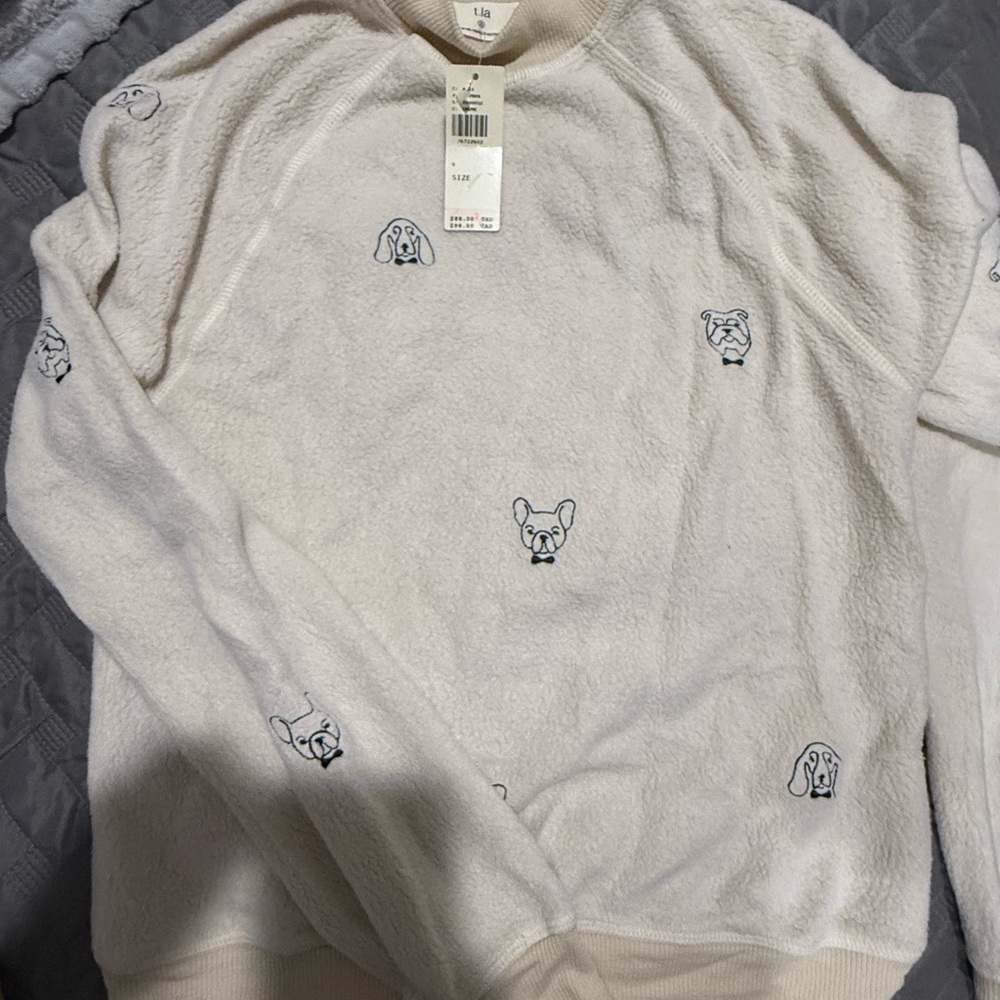 Anthropologie T.la Cream Sweater with Dog Embroidery bulldogs